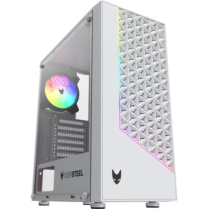 Oversteel - Iridium Gaming PC Case Compatible with ATX, Micro ATX and ITX Boards, 120 mm A-RGB Fan, Mesh Front, 2 Dust Filters, Tempered Side Glass, USB 3.0, White