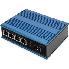 DIGITUS PoE Network Switch - 5-Port Fast Ethernet - 4X RJ45 + 1x SFP Port - Unmanaged - 10/100 Mbit/s - DIN Rail & Wall Mount - IP40 - Industrial Series - Blue