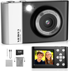 Skaitmeninis fotoaparatas 4K 64MP FHD Fotoaparatas vaikams, 18 kartų skaitmeninio priartinimo kompaktiškas fotoaparatas su 2,4 colių ekranu, apsauga nuo drebėjimo, LED blykstė, 32 GB SD kortelė, fotoaparatas vaikams, paaugliams, pradedantiesiems, juodas