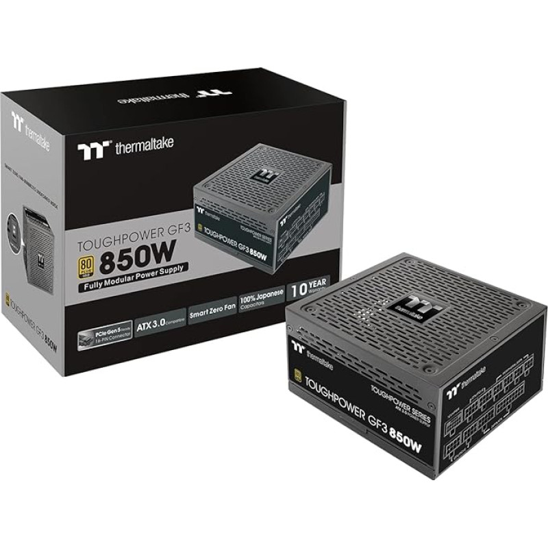 Thermaltake Toughpower GF3 850W | PC ATX 3.0 maitinimo šaltinis | PCIe Gen 5.0 | 80-Plus Gold | Visiškai modulinis | Tylus 140 ventiliatorių | ES sertifikatas