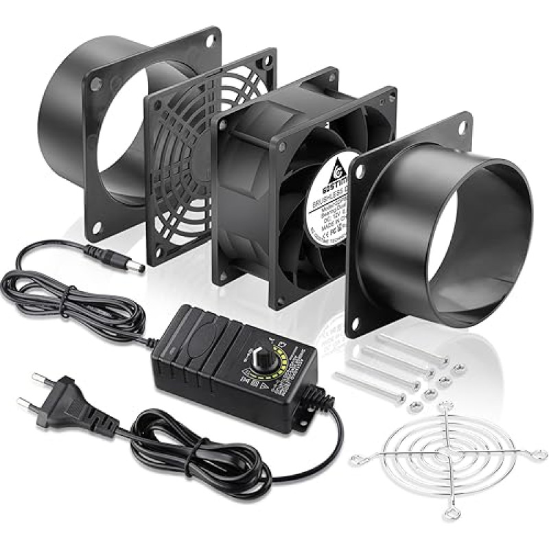 GDSTIME 80 mm ašinis ortakio ventiliatorius 230 V vamzdžio ventiliatorius 80 x 38 mm 220 V išmetimo ventiliatorius 5500 aps./min dvigubas rutulinių guolių ortakio ventiliatorius 4 V-12 V greičio reguliavimas