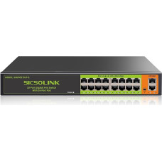 18 prievadų PoE komutatorius, 16 Gigabit PoE+ komutatorius su 2 Gigabit Uplink, 1000 Mbps, tylus veikimas be ventiliatoriaus, 250 W, 802.3 af/at, nevaldomas, montuojamas 19 colių stove, Qos, tinka POE kamerų sistemai, prieigos taškui, WiFi