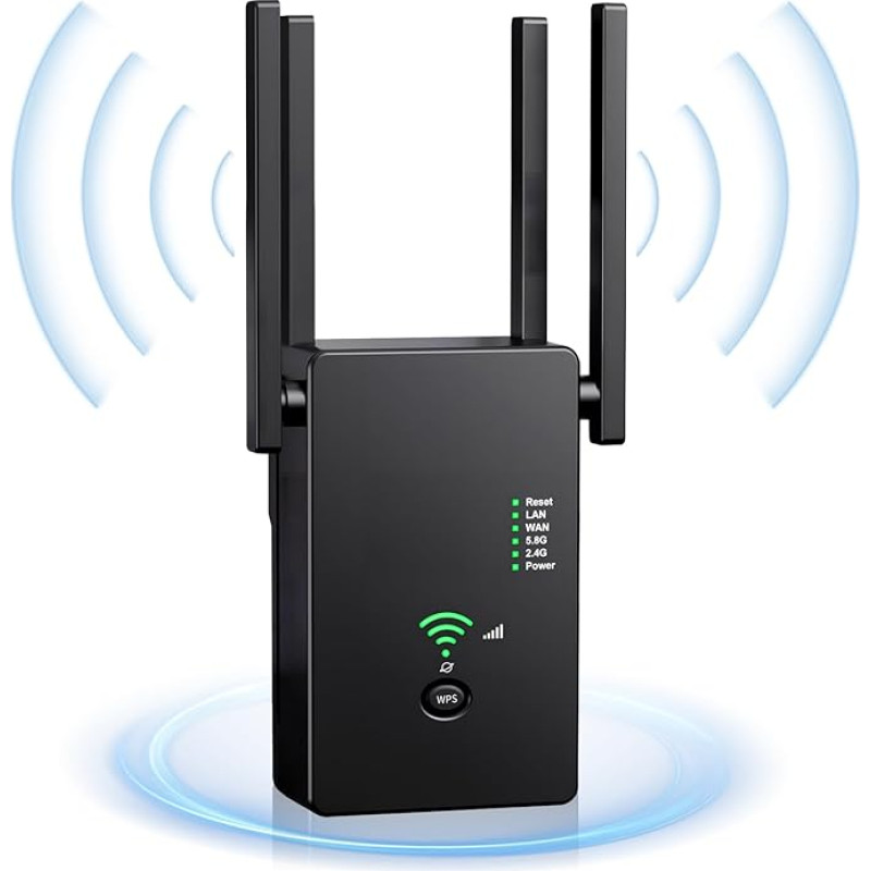 WLAN kartotuvas WLAN stiprintuvas 1200 Mbps dviejų dažnių 2,4 GHz + 5 GHz WiFi stiprintuvas su kartotuvo/maršrutizatoriaus/prieigos taško režimu, 4 antenos, lengvas nustatymas, WiFi diapazono plėstuvas su LAN/WAN prievadu