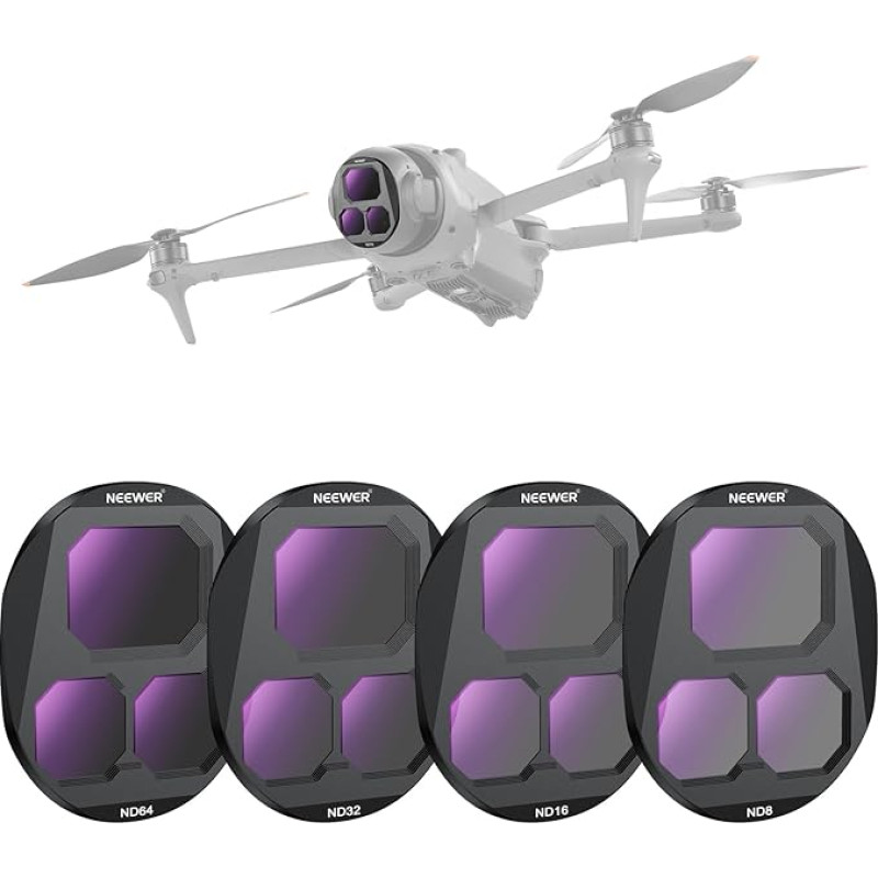 NEEWER ND filtrų rinkinys, suderinamas su DJI Mavic 4 Pro (ND8/ND16/ND32/ND64), 4 vnt., daugiasluoksnis optinis stiklo filtras pilkos spalvos dronų fotoaparatų objektyvams su magnetine laikymo dėžute FL-C44