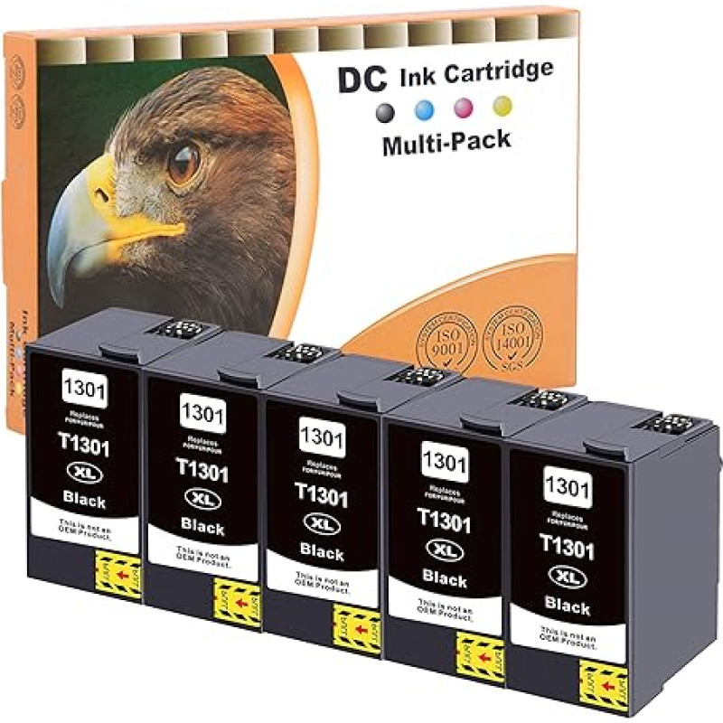 D&C 5 x 26 ml juodos spalvos spausdintuvo kasetės, suderinamos su Epson 13XL 1301, skirtos Epson WF7015 7525 3540 SX420W BX320FW SX620FW BX/SX525WD BX625FWD BX305FW B42WD BX925FWD BX635FWD BX535WD SXSX435/440W BX630FW