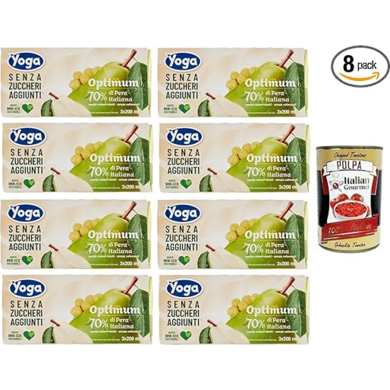 8 x Yoga Succhi di Frutta Optimum Pera, kriaušių vaisių sultys, be pridėtinio cukraus, nealkoholinis gėrimas be alkoholio 3 x 200 ml + itališka gurmaniška Polpa di Pomodoro 400 g skardinė