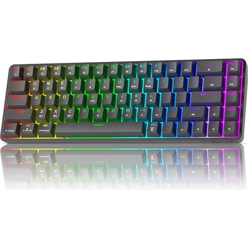 TMKB T68 belaidė mechaninė žaidimų klaviatūra, trijų režimų (Bluetooth/5.0/2.4GHz/USB-C), 60 % RGB klaviatūra su 68 klavišais (QWERTY išdėstymas), mėlyni jungikliai - juoda