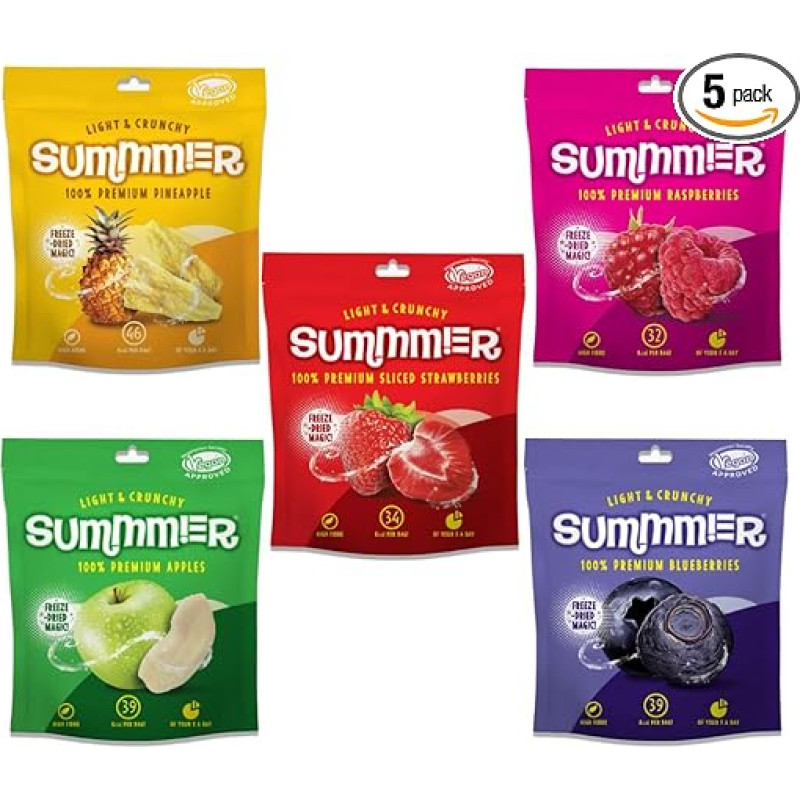 Skanios liofilizuotos uogos 57 g (4 x 11 g, 1 x 13 g) 5 užkandžių maišeliai - braškės | avietės | ananasai | mėlynės ir obuoliai | be pridėtinio cukraus | 100% natūralūs vaisių užkandžiai vaikams ir suaugusiesiems