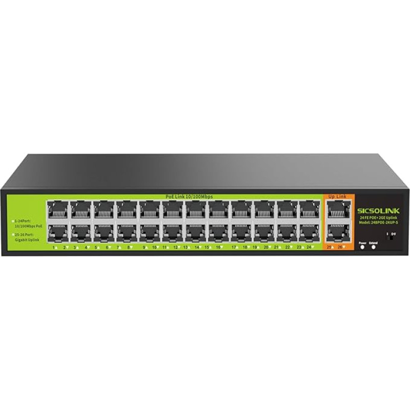 POE jungiklis su 24 POE prievadais + 2 Gigabit Uplink 802.3af/at PoE+ 100Mbps 400W įmontuotu maitinimu, nevaldomas, išplečiamas iki 250 m, skirtas CCTV kamerų sistemai AP IP telefonas