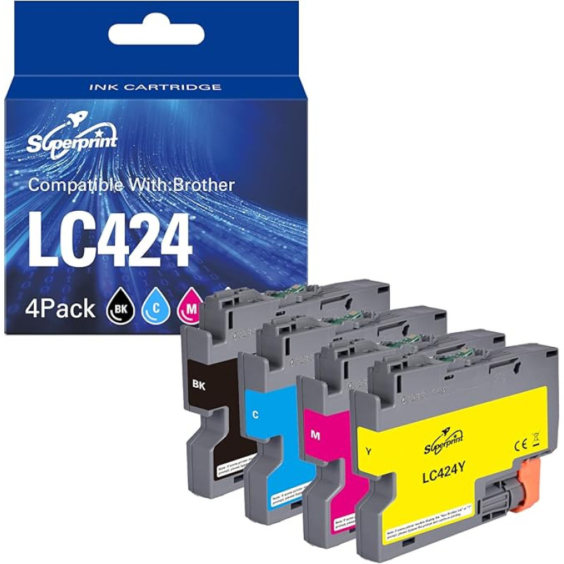 LC424 kasetės, suderinamos su Brother LC-424 LC 424 spausdintuvų kasetėmis, skirtomis Brother DCP-J1200W DCP-J1200WE spausdintuvams (1 juoda, 1 žydra, 1 purpurinė, 1 geltona, 4 vnt.)