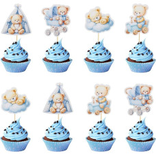 Baby Shower Cupcake Toppers Cloud Baby Bear Baby Shower Tent Rocking Chair Cupcake Picks Decorations Birthday Party Supplies for Boys Blue Pack of 24
