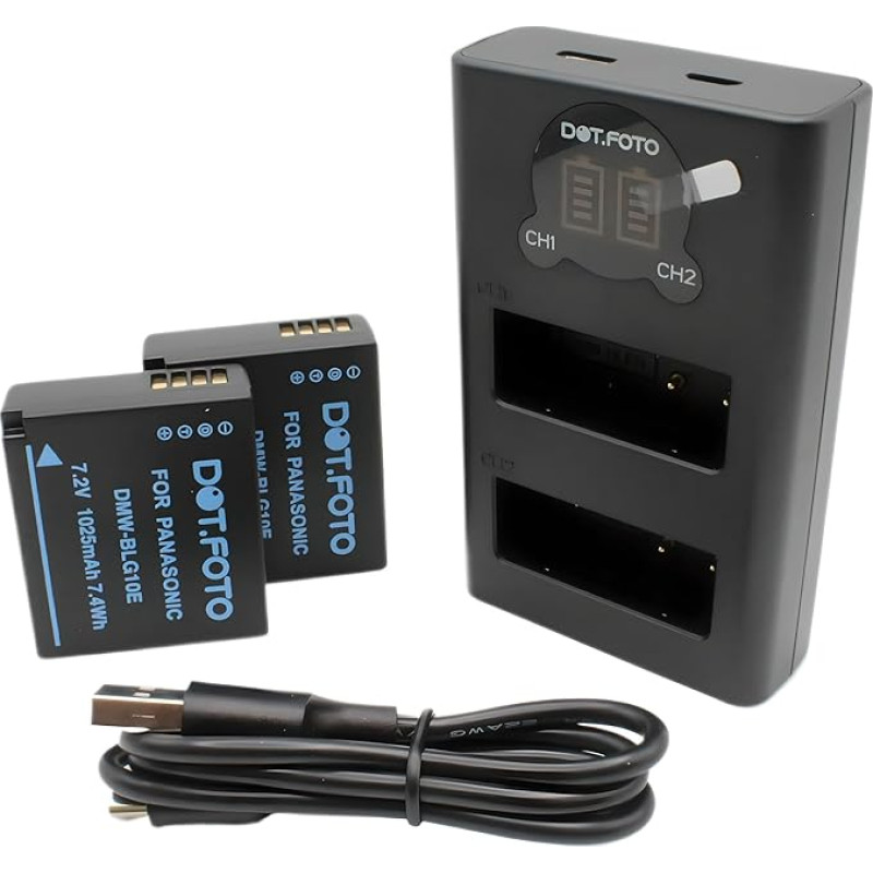 DMW-BLE9, DMW-BLE9E, DMW-BLG10, DMW-BLG10E Premium 1025 mAh akumuliatorius (2 vnt.) ir greitas dvigubas USB LCD įkroviklis, skirtas 