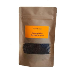 Tasmanijos kalnų pipirai - Tasmanijos pipirų grūdeliai, išskirtiniai aštrūs ir saldaus skonio gurmaniški pipirai 55 g kraftpopieriaus maišelyje su užtrauktuku