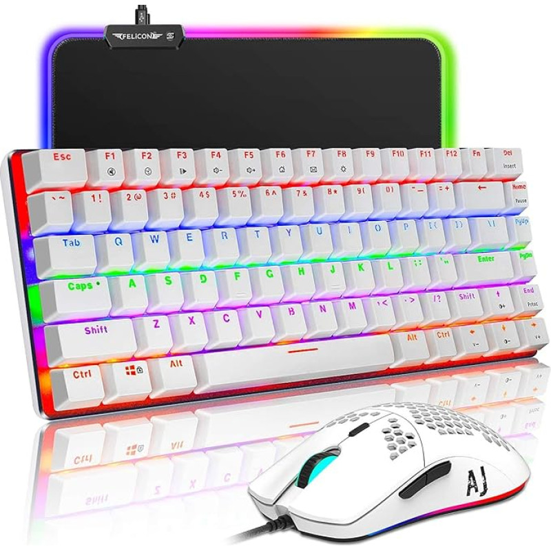 Žaidimų klaviatūra, pelės kilimėlių rinkinys, 3 in 1 vaivorykštinė mėlynai apšviesta mechaninė klaviatūra, 16000 DPI RGB itin lengva žaidimų pelė + 10 RGB apšviestų pelės kilimėlių