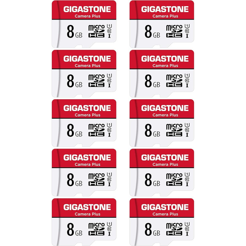Gigastone Camera Plus 8GB MicroSDHC atminties kortelė, 10 vnt. + SD adapteris veiksmo kameroms ir dronams, skaitymo greitis iki 80 MB/s, Full HD vaizdo įrašymas, U1 klasės 10 Micro SD kortelė UHS-I