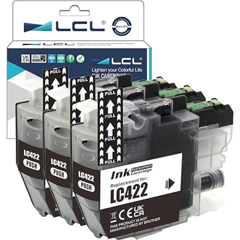 LCL LC422 juodos spalvos rašalo kasetė, suderinama su Brother LC422 LC422 LC422XL LC422BK LC422XLBK Suderinama su Brother MFC-J5340DW MFC-J5345DW MFC-J5740DW MFC-J6540DW MFC-J6940DW (3 vnt.)