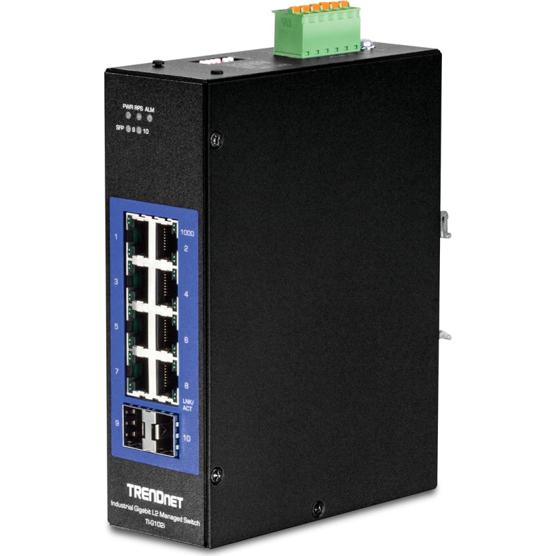 TRENDnet, TI-G102i, 10 prievadų valdomas DIN bėgio L2 pramoninis Gigabit komutatorius, 8 x Gigabit, 2 SFP lizdai, montuojamas ant DIN bėgio, IP30, Vlan, Qos, Lacp, STP/Rstp, pralaidumo valdymas