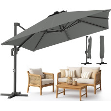 VOUNOT 300 cm ilgio konsolinis skėtis su stovu, rankenėle, apsauga nuo vėjo ir dangčiu, 360° pasukamas ir 6 kartus pakreipiamas, sodo skėtis terasai, balkonui ir sodui, apsauga nuo UV spindulių, atsparus vandeniui, tamsiai pilkas