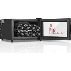 FOHERE Wine Refrigerator for 8 Bottles, Table Wine Fridge with Glass Door, 22 Litre LED + Digital Display, Drinks Fridge with Glass Door, 8-18°C, Single Zone