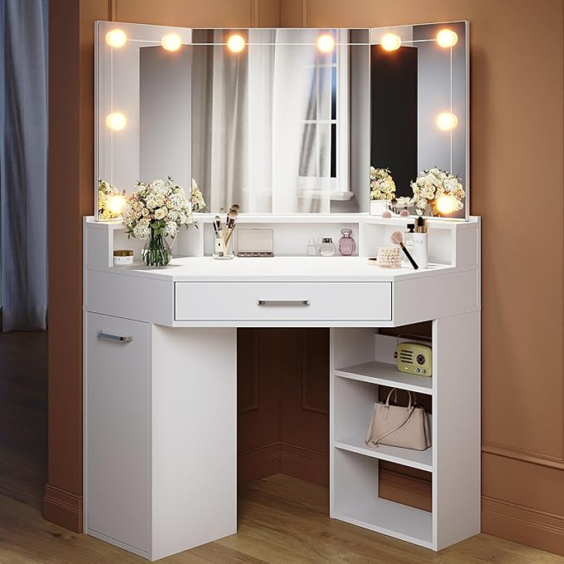 Kampinis tualetinis staliukas su atlenkiamu veidrodžiu, W 110 x D 54 x H 141,5 cm, apšvietimas, 3 apšvietimo režimai, reguliuojamas ryškumas, tualetinis staliukas su stalčiais ir atvira daiktadėže, baltos spalvos