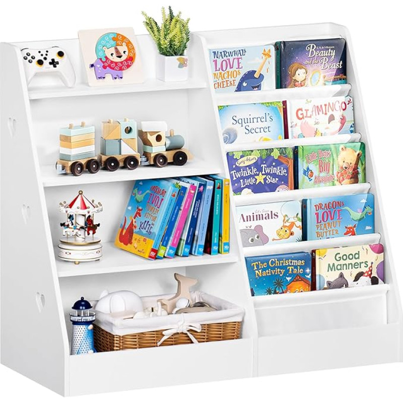 Vaikiška knygų spinta su 5 knygų lentynomis ir 4 laikymo skyriais, didelė balta vaikiška lentyna, knygų rėmas vaikams, medinė vaikiška knygų spinta, žaislų organizatorius vaikų kambariui, vaikų darželiui, 90 x 40 x 80 cm