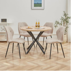 GrandCA HOME valgomojo stalo ir kėdžių rinkinys, 100 cm apvalus valgomojo stalas ir 4 modernios lininės kėdės valgomajam, virtuvei ir svetainei (šviesus + chaki)