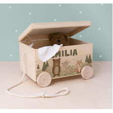 hellomini Personalizuota medinė žaislų dėžė saugojimui - medinė dėželė - žaislų dėžė vaikų kambaryje - personalizuota dovana vaikams (Miško gyvūnai)