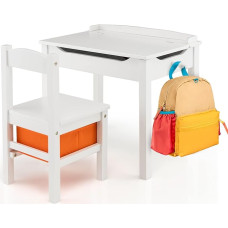 FANTASK vaikiškas rašomasis stalas su medžio masyvo kėde, atlenkiamas vaikiškas sėdimųjų vietų rinkinys su sulankstomu stalviršiu, stalčiumi ir kabliuku, veiklos stalas, vaikiškas sėdimųjų vietų rinkinys vaikams nuo 3 metų (baltas)