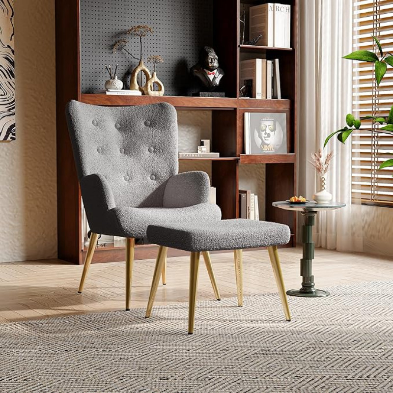 Miegamojo kėdė, skandinaviškas fotelis su atramomis kojoms, patogus minkštasuolis su auksinėmis metalinėmis kojomis, svetainės kėdė (tamsiai pilka)