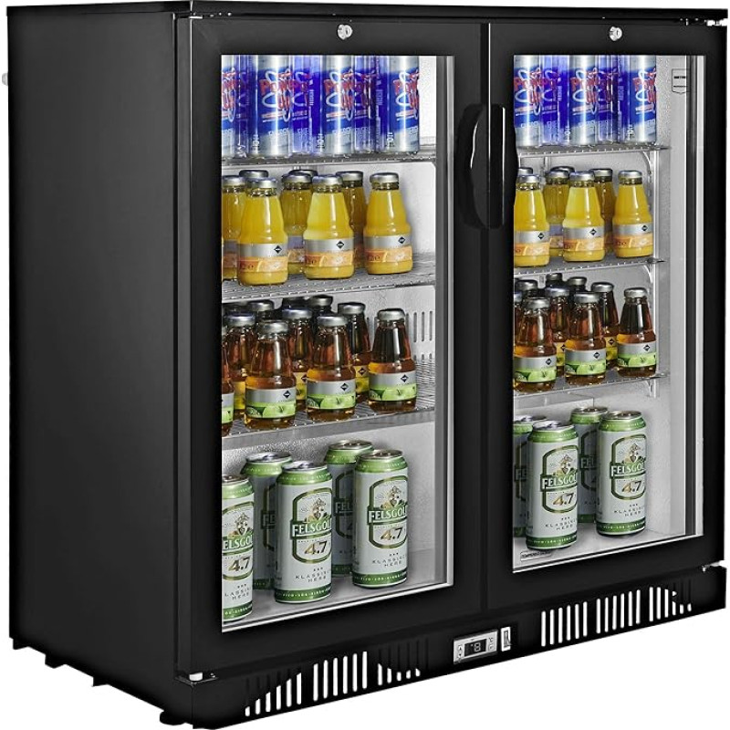 METRO Professional GBC1002 Gėrimų šaldytuvas su 2 stiklinėmis durelėmis, butelių šaldytuvas su 6 lentynomis, D energinė klasė, 160 W, temperatūros diapazonas: nuo 0 iki +10 °C, 200 l, juodos spalvos