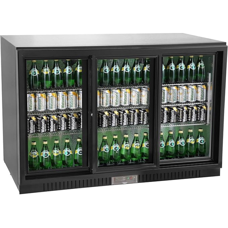 METRO Professional GBC3103 Stiklinių durų šaldytuvas, cinkuota skarda / aliuminis / stiklas, 3 durys, 9 reguliuojamos lentynos, automatinis atitirpinimas, 308 l, su užraktu, LED apšvietimas, juodas