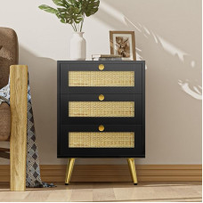 Ratano naktinis staliukas, medinis staliukas su 3 rankų darbo rotango dekoruotais stalčiais, boho naktinis staliukas, sofa su saugykla, skirtas svetainei, miegamajam