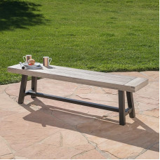 Cassie Outdoor Dining Bench Acacia Wood Light Grey with Black Rustic Metal Frame