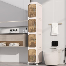 KHNR Narrow Bathroom Cabinet with 4 Levels and Wheels, 20 x 33 x 127 cm, Foldable, Magnetic Door, Waterproof & Mildew Resistant, Cream White with Transparent, PP Plastic Shelf with Shelves
