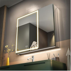 LED apšviečiama vonios kambario medicinos veidrodinė spintelė, atšvaitas, nuolatinis užtamsinimas, 3 spalvų atminties režimas, lentynėlės, kištukiniai lizdai ir USB (2 durys, 75 x 70 cm)