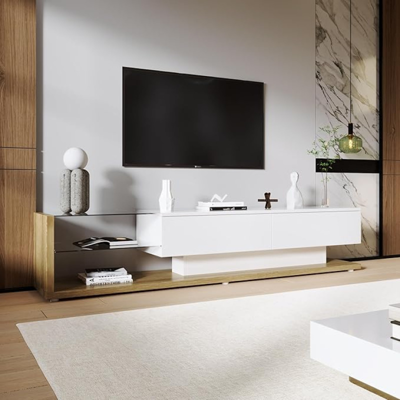 TV spintelės, žemos spintelės, blizgūs svetainės baldai. Kintamas LED apšvietimas ir stiklinės pertvaros. Jame dera natūralus, kaimiškas stilius ir modernus dizainas. (Balta ir mediena)