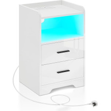 TUKAILAi Baltas blizgus naktinis staliukas su LED šviesa, 2 stalčiai ir įkrovimo stotelė, naktinis staliukas su USB prievadu, atviras miegamojo sandėliukas, šoninis staliukas svetainėje