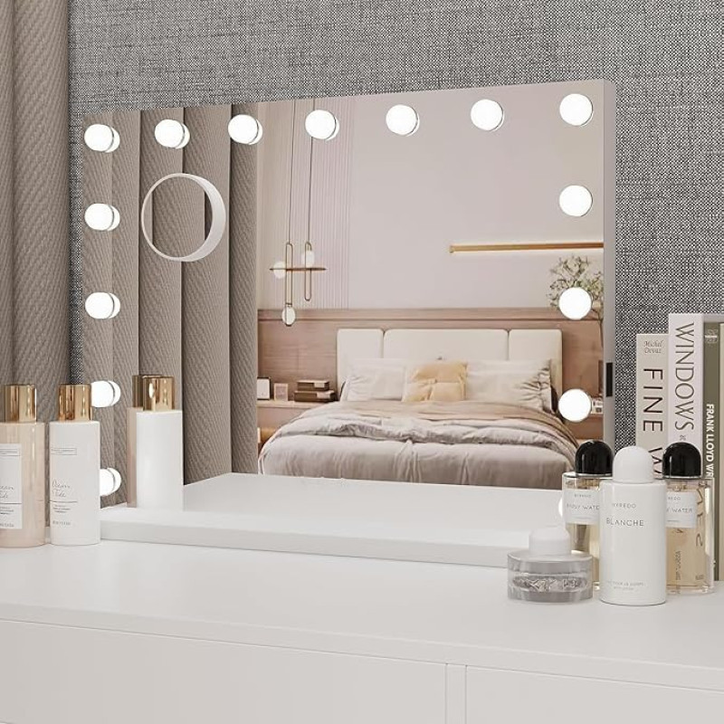 Eklipt Holivudo makiažo veidrodis su apšvietimu, veidrodis su apšvietimu, 15 reguliuojamų didelių LED šviesų, 3 spalvų temperatūros šviesa su USB 10x didinimu, jutiklinis valdymas, montuojamas ant stalo arba ant sienos, 58 x 45