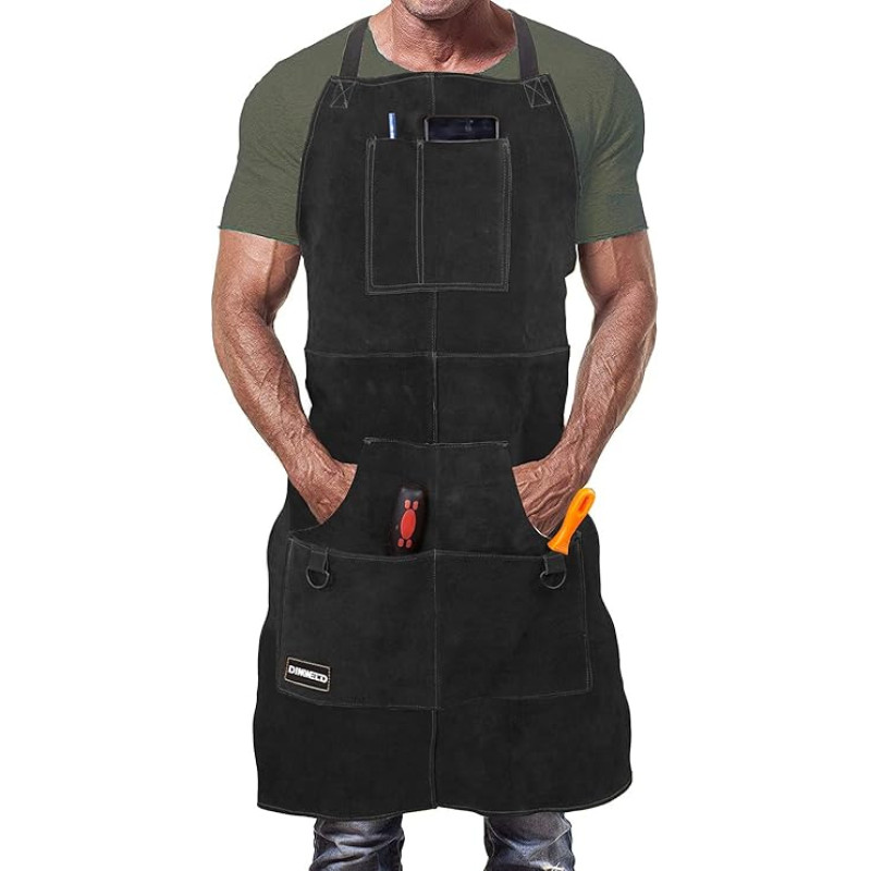 Leather Welding Apron for Men Flame Retardant Thermal Workshop Welding Apron Adjustable Protective Clothing with 6 Tool Pockets