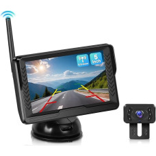 Podofo Digital Reversing Camera Wireless with 5 Inch Monitor Set, AHD 6 LED Car Reversing Camera Wireless Night Vision Wide Angle Suction Cup Easy Installation License Plate Camera for Car Caravan Van