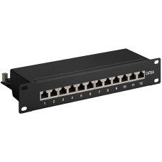 Goobay 93796 CAT 6A Patch Panel 10 Zoll / 12 Port RJ45 Buchsen Netzwerkstecker / 500 MHz LAN Patchfeld / 1 HE Verteilerfeld / Rackeinbau Patchpanel / Schwarz