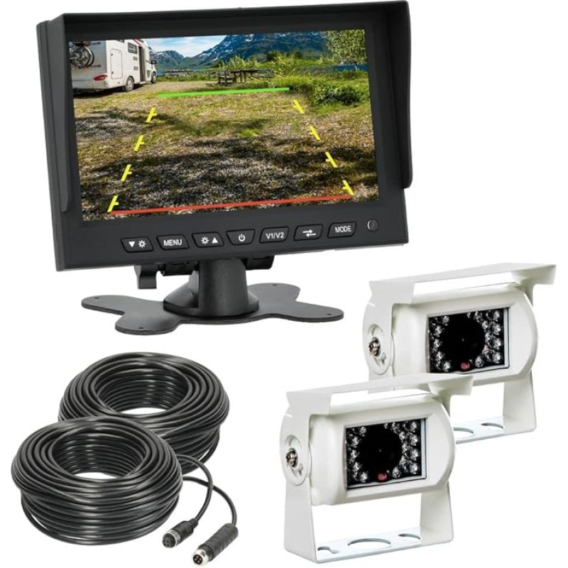 VSG 24 Reversing Camera 7 Inch Starter Set Motorhome Includes 2 Cameras in White, Monitor, Cable & Remote Control - Waterproof Night Vision 12V-24V / Robust Reversing System for Caravans Motorhomes
