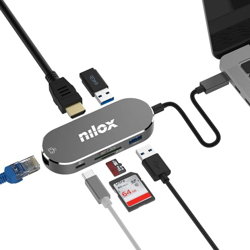 Universal Adapter, USB-C Interface, Multifunction HDMI/Lector SD/Micro SD USB/LAN Charging PD