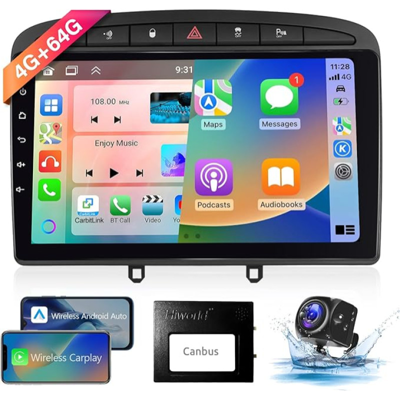 8 Core 4 + 64G: Hodozzy Carplay Car Radio for Peugeot 308/408 2007-2015, 9 Inch Touchscreen Android Car Radio with Android Car/WiFi/GPS/RDS/FM/Bluetooth/USB + Reversing Camera