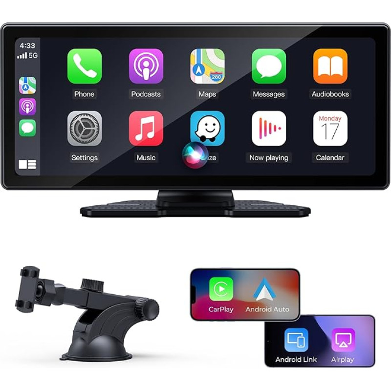 9.3 inch CarPlay Screen, Compatible with Apple CarPlay and Android Car, IPS Carplay Display, with Light-Sensitive Function, Bluetooth, Mirror Link, FM, Siri/Google Assistant and Two USB Charging Ports