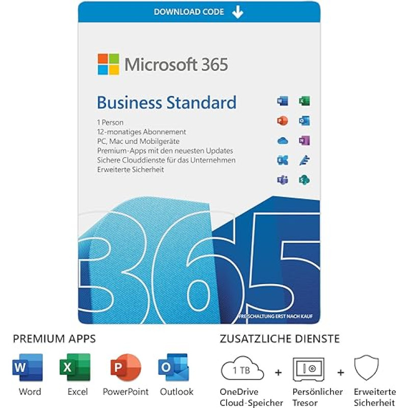 Microsoft 365 Business Standard | 1 User | 5 PCs/Macs, 5 Tablets and 5 Mobile Devices | 1 Year Subscription | Download Code