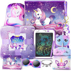 Einhorn-Geschenke für Mädchen im Alter von 3-10, 11, 12 Jahren, Geburtstagsgeschenk, Einhorn-Geschenke für Kinder mit Decke, LED-Schreibtablett, Armband, Umhängetasche, Sonnenbrille, Regenbogenpferd