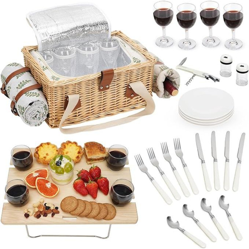 Pikniko krepšelio rinkinys su mini sulankstomu stalu ir stalo įrankių rinkiniu, pikniko krepšys 4 žmonėms su vėsiais krepšiais, pintas krepšys su rankena, pintas krepšelio dovanų rinkinys piknikui, stovyklavimui, lauko vakarėliui