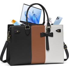 RAINSMORE nešiojamojo kompiuterio krepšys moterų PU odos rankinė didelis darbo krepšys moterų portfelį Shopper krepšys pečių krepšys 15,6 colių juoda su balta ir ruda