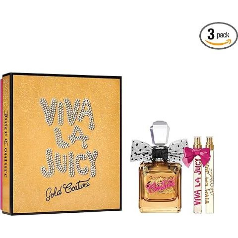 Juicy Couture - Viva La Juicy Gold Couture 3 dalių rinkinys, gėlių gurmaniškas gintaro aromatas, laukinės uogos, jazminai Sambac ir vanilės kremas, dekadentiškas, malonus ir gundantis parfumerijos vanduo moterims